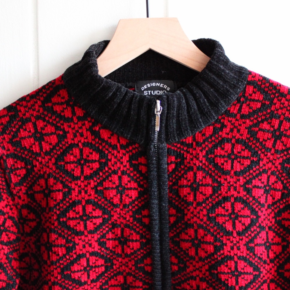 1990s Vintage Nordic Fair Isle Zip-up Cardigan Sweater Chenille Ladies Petite - Picture 3 of 10